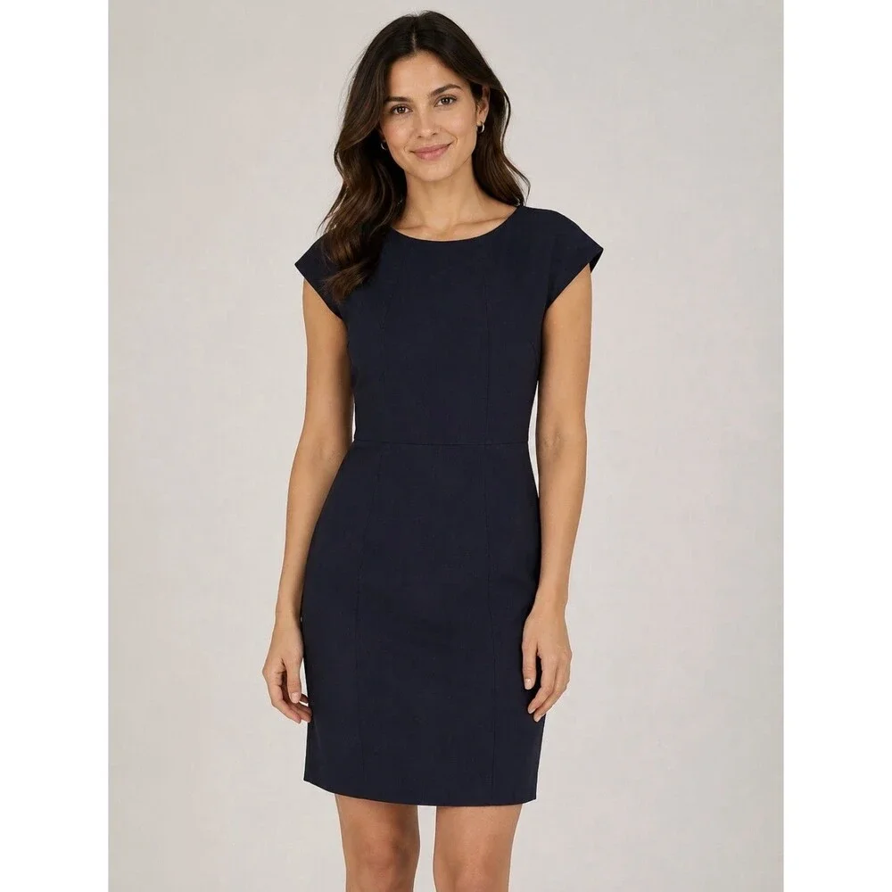 J Crew Sheath Dress 8 Navy Textured Tailored Career Classic Minimalist Preppy